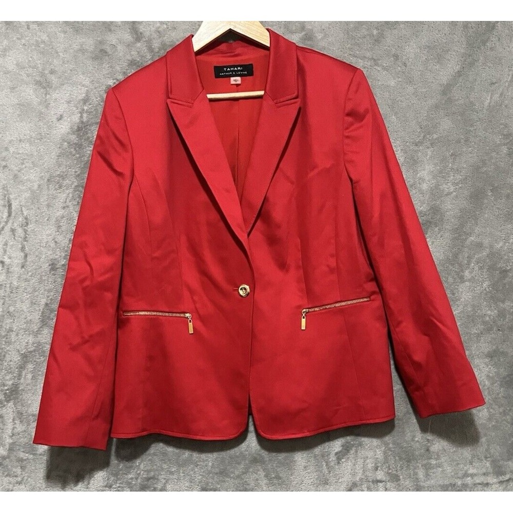 Tahari Arthur Levine Red Single Button Blazer Jacket Zip Pockets Size 16